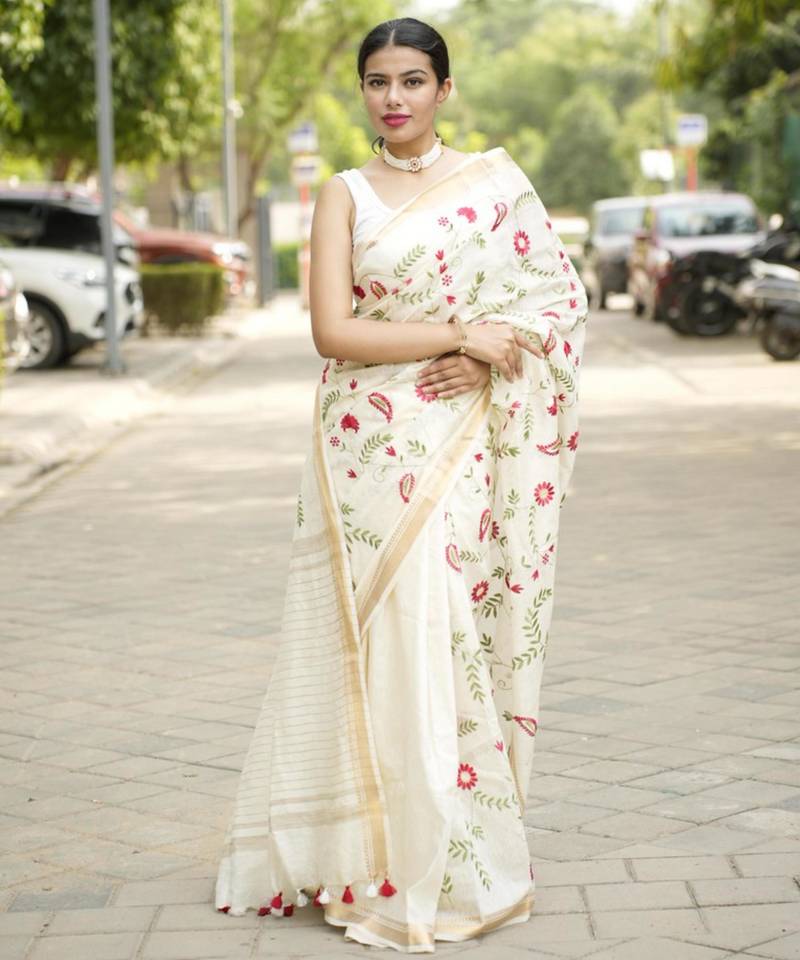 ivory garden embroidered linen saree