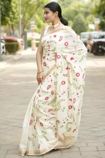 ivory garden embroidered linen saree