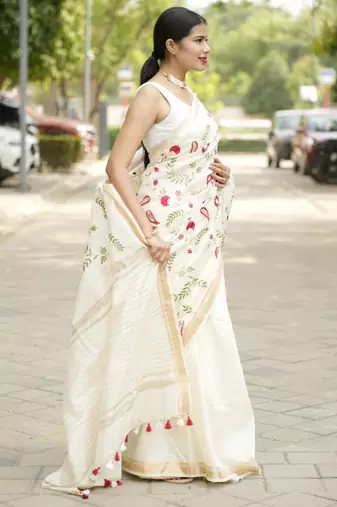 ivory garden embroidered linen saree