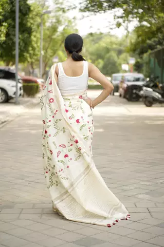 ivory garden embroidered linen saree