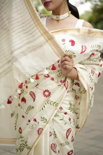 ivory garden embroidered linen saree