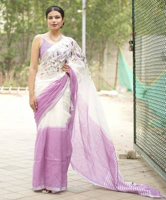 lavender bloom linen saree with subtle embroidery 1