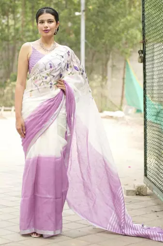 lavender bloom linen saree with subtle embroidery