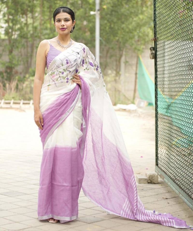 lavender bloom linen saree with subtle embroidery