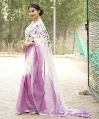 lavender bloom linen saree with subtle embroidery 2