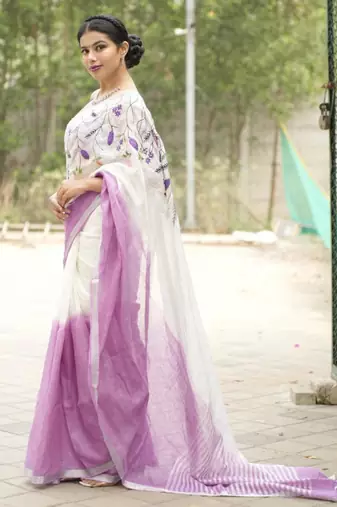 lavender bloom linen saree with subtle embroidery