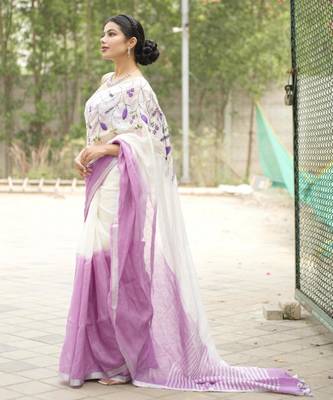 lavender bloom linen saree with subtle embroidery 3