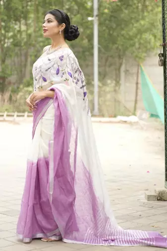 lavender bloom linen saree with subtle embroidery