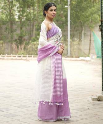 lavender bloom linen saree with subtle embroidery 4