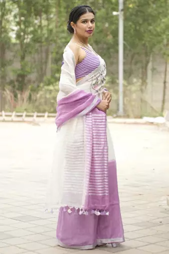 lavender bloom linen saree with subtle embroidery