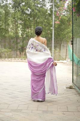 lavender bloom linen saree with subtle embroidery 5