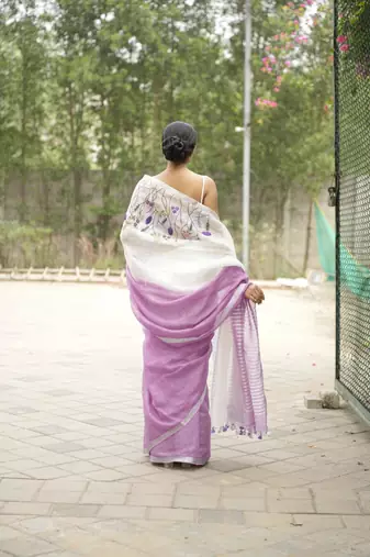 lavender bloom linen saree with subtle embroidery