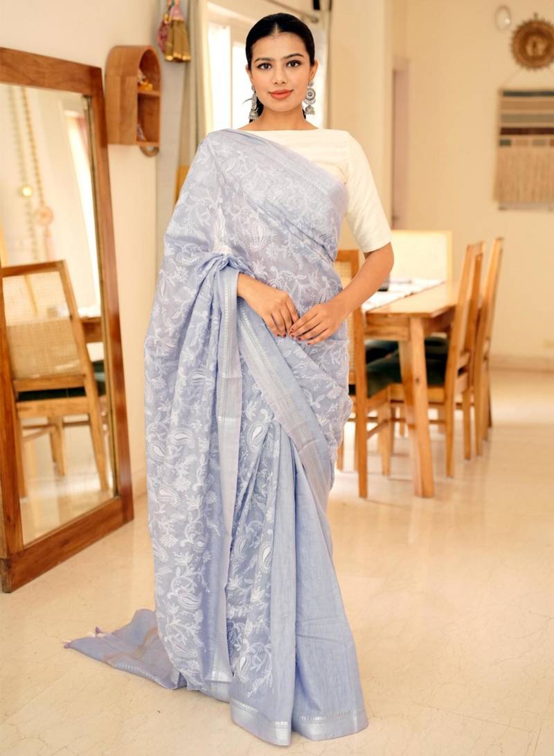 lavender chikankari saree with intricate hand embroidery