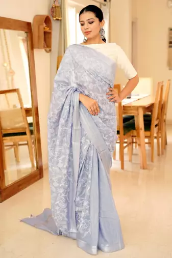 lavender chikankari saree with intricate hand embroidery