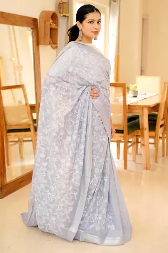 lavender chikankari saree with intricate hand embroidery