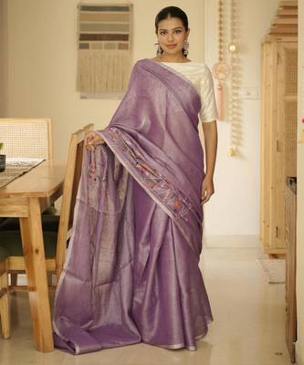 lavender whisper handwoven linen saree with floral embroidery 1