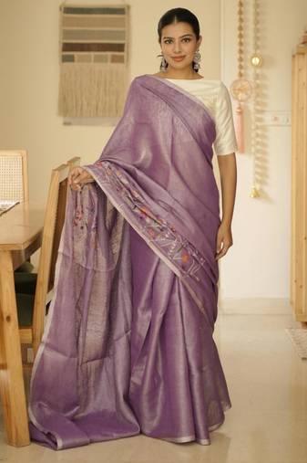 lavender whisper handwoven linen saree with floral embroidery