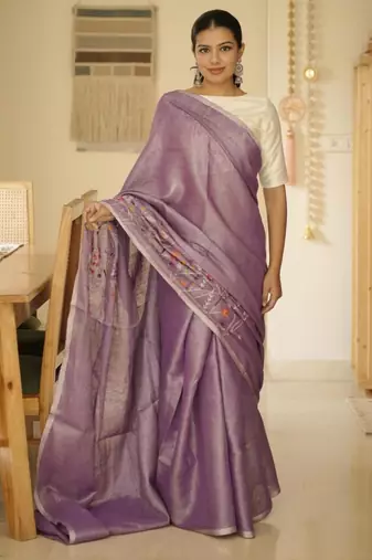 lavender whisper handwoven linen saree with floral embroidery