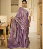 lavender whisper handwoven linen saree with floral embroidery