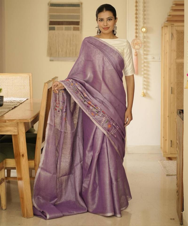 lavender whisper handwoven linen saree with floral embroidery