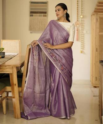 lavender whisper handwoven linen saree with floral embroidery 2