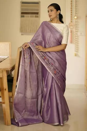 lavender whisper handwoven linen saree with floral embroidery