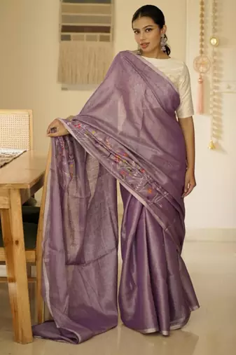lavender whisper handwoven linen saree with floral embroidery