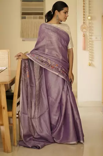 lavender whisper handwoven linen saree with floral embroidery