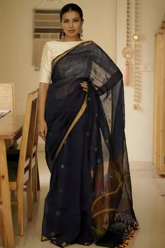 midnight blue handpainted paithani linen saree