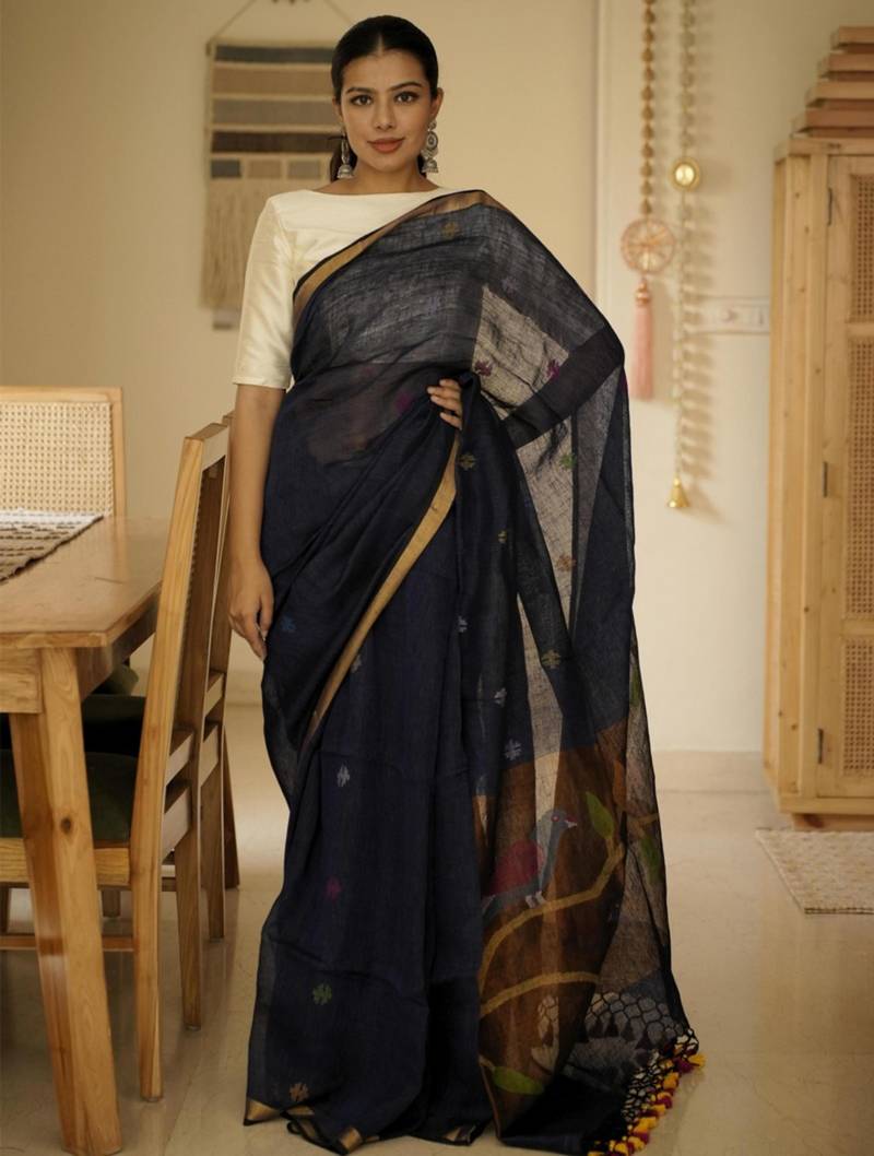 midnight blue handpainted paithani linen saree
