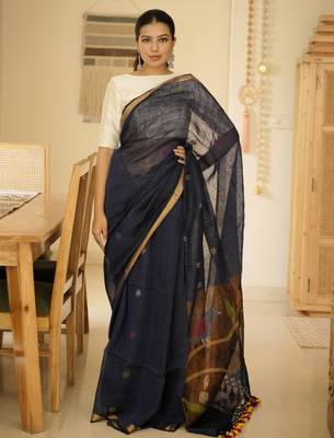 midnight blue handpainted paithani linen saree 2