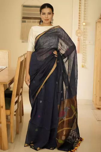 midnight blue handpainted paithani linen saree