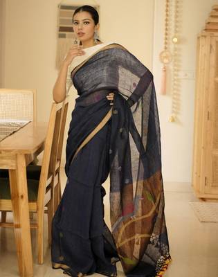midnight blue handpainted paithani linen saree 3