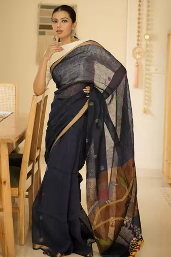 midnight blue handpainted paithani linen saree