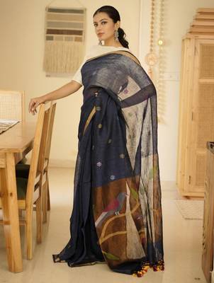 midnight blue handpainted paithani linen saree 4