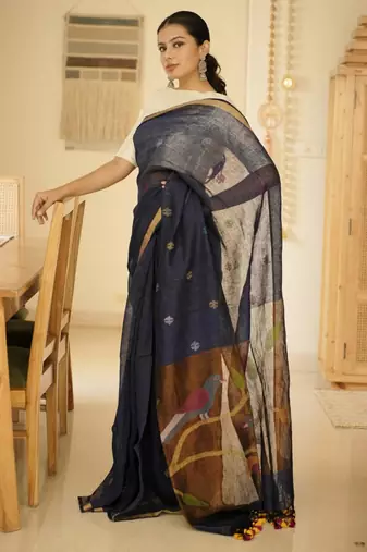 midnight blue handpainted paithani linen saree