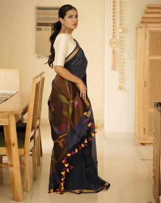 midnight blue handpainted paithani linen saree 5