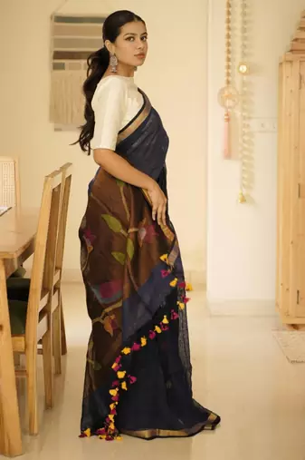 midnight blue handpainted paithani linen saree