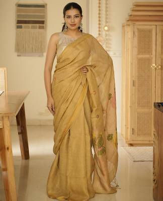mustard garden handpainted paithani linen saree 1