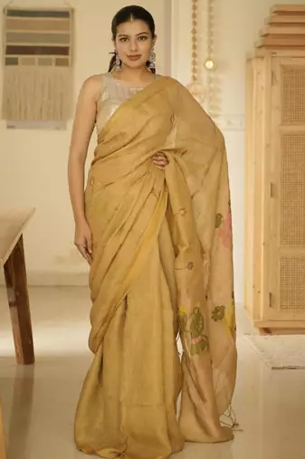 mustard garden handpainted paithani linen saree