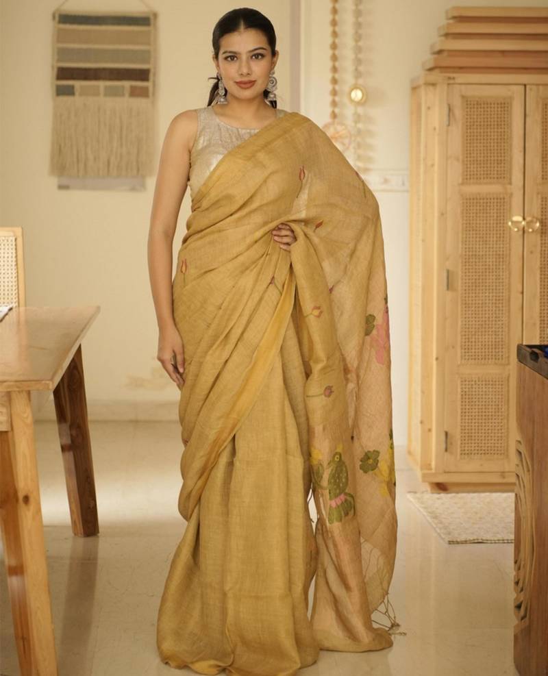 mustard garden handpainted paithani linen saree
