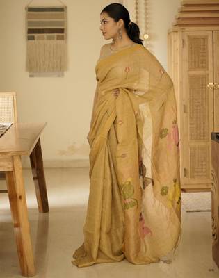 mustard garden handpainted paithani linen saree 2