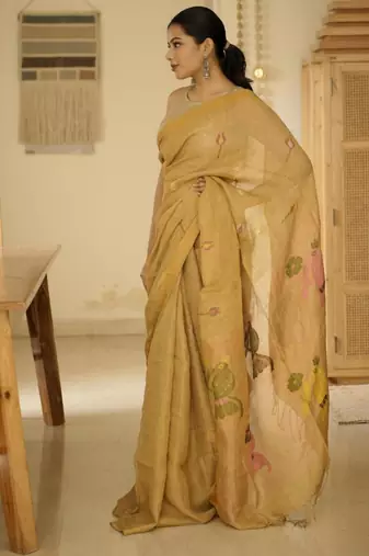 mustard garden handpainted paithani linen saree