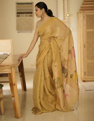 mustard garden handpainted paithani linen saree 3