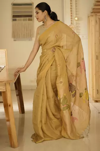 mustard garden handpainted paithani linen saree