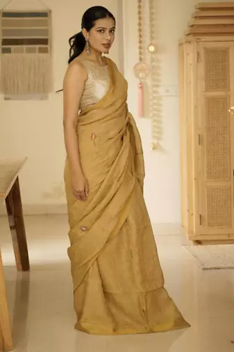 mustard garden handpainted paithani linen saree