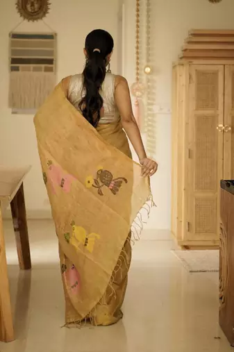 mustard garden handpainted paithani linen saree