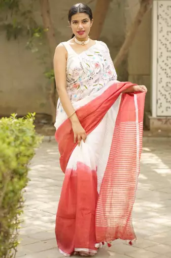 red & white blush bloom linen saree with hand embroidery
