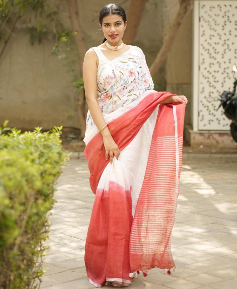 red & white blush bloom linen saree with hand embroidery