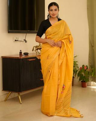 sunlit mustard linen saree with zari border & floral embroidery 1